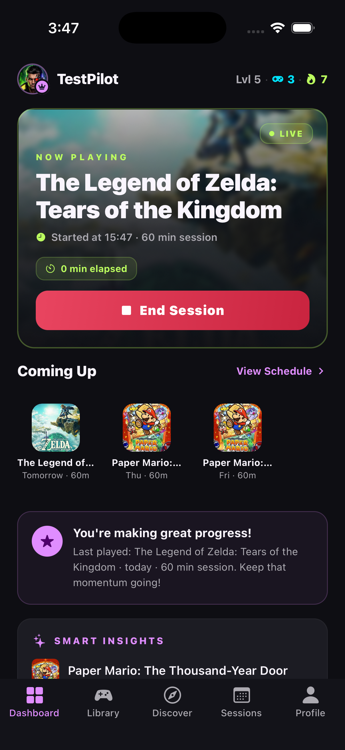 Kill The Backlog dashboard with an active gaming session